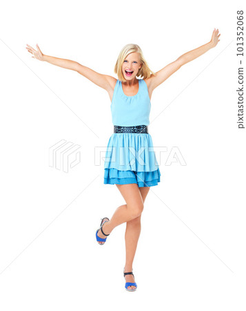 Isolated, happy and wow with portrait of woman and mockup for celebration, motivation and success. Freedom, smile and goals with girl on white background studio for party, confident and energy Isolated, happy and wow with portrait of woman and mockup for celebration, motivation and success. Freedom, smile and goals with girl on white background studio for party, confident and energy 101352068