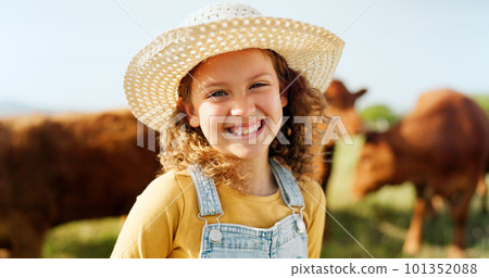 Happy little girl, portrait smile and farm with animals enjoying travel and nature in the countryside. Child smiling in happiness for agriculture, life and sustainability in farming and cattle Happy little girl, portrait smile and farm with animals enjoying travel and nature in the countryside. Child smiling in happiness for agriculture, life and sustainability in farming and cattle 101352088