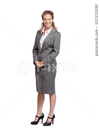Studio portrait, business woman and corporate suit for career leadership, mission and success smile. Worker, ceo or boss in professional fashion and body isolated on white background for marketing 101352090