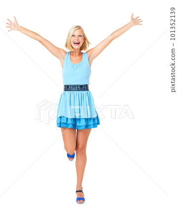 Isolated, winner and freedom with portrait of woman and mockup for celebration, motivation and success. Wow, happy and goals with girl on white background studio for party, confident and achievement Isolated, winner and freedom with portrait of woman and mockup for celebration, motivation and success. Wow, happy and goals with girl on white background studio for party, confident and achievement 101352139