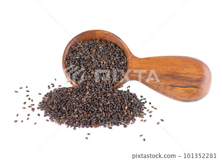 Basil seeds in wooden spoon, isolated on white background. Ocimum basilicum. 101352281