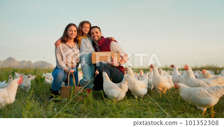 Farm, chicken and portrait of family with livestock in agriculture, sustainable and green field. Ecology, poultry and agro man and woman with girl kid farming with energy in eco friendly countryside. 101352308
