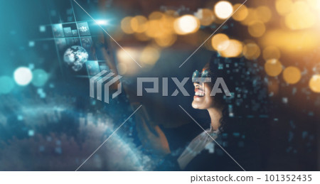 Black woman, overlay and global tech at night for research, information technology or digital job. Iot, smile and future 3d world hologram in dark workplace with person networking and cloud computing 101352435