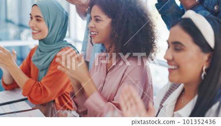 Business people, women and applause for celebration, partnership and collaboration in modern office. Females, girls and clapping for corporate deal, company success and team achievement for target. Business people, women and applause for celebration, partnership and collaboration in modern office. Females, girls and clapping for corporate deal, company success and team achievement for target. 101352436