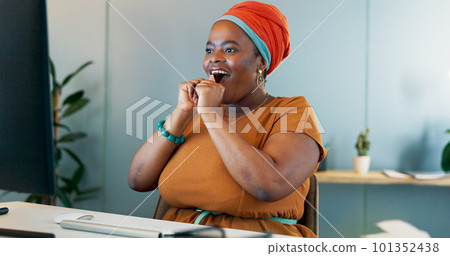 Business winner, computer and woman success fist, yes and celebration for bonus, sales and profit in ecommerce marketing. Wow, surprise and winning african employee for online results at office desk 101352438
