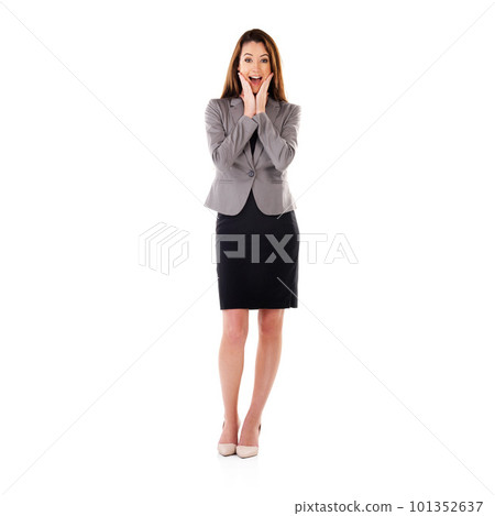 Wow, surprise and business woman in studio portrait for winning, job opportunity success and feedback. Happy, winner and corporate worker with news for hiring isolated on white background and space Wow, surprise and business woman in studio portrait for winning, job opportunity success and feedback. Happy, winner and corporate worker with news for hiring isolated on white background and space 101352637