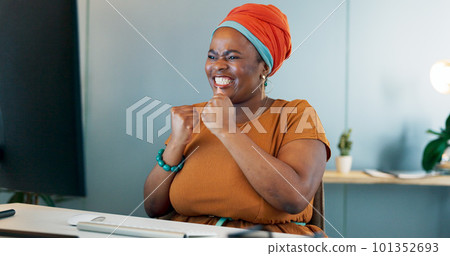 Business winner, computer and woman success fist, yes and celebration for bonus, sales and profit in ecommerce marketing. Wow, surprise and winning african employee for online results at office desk Business winner, computer and woman success fist, yes and celebration for bonus, sales and profit in ecommerce marketing. Wow, surprise and winning african employee for online results at office desk 101352693