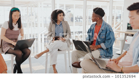 Meeting, planning and collaboration with a business team in the boardroom for research or innovation. Laptop, strategy and teamwork with a man and woman employee group at work together in the office 101352694