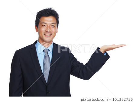 Happy businessman, portrait or hand palm on isolated white background for finance investment mockup or insurance deal. Smile, worker and corporate asian showing marketing space or advertising mock up 101352736