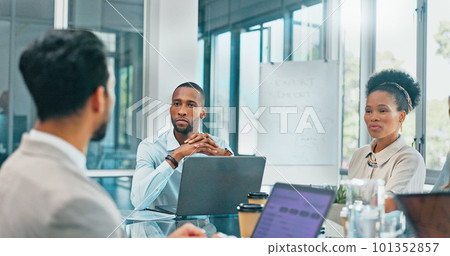 Strategy, meeting and people manager for planning, agenda and corporate workflow management on laptop. Leadership, communication and employees, staff and boss with ideas, mission and online vision 101352857