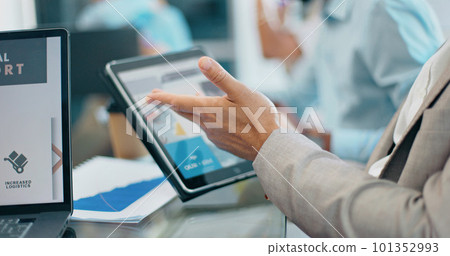 Businessman, hands and tablet in digital marketing for corporate planning, strategy or web design at the office. Hand of executive testing website in discussion for idea, UX or homepage in boardroom Businessman, hands and tablet in digital marketing for corporate planning, strategy or web design at the office. Hand of executive testing website in discussion for idea, UX or homepage in boardroom 101352993