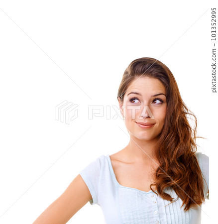 Thinking, mockup and smile with woman and idea for question, product and deal choice. Why, solution and sale with girl model wondering for beauty, decision and planning in white background studio Thinking, mockup and smile with woman and idea for question, product and deal choice. Why, solution and sale with girl model wondering for beauty, decision and planning in white background studio 101352995