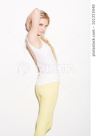 Beauty, fashion and glamour, portrait of woman with makeup on face, cosmetics and isolated on white background. Sensual, desire and beautiful model in studio with mockup and space and hands in hair. 101353040