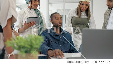 Coaching, collaboration and training, team at laptop in discussion on project management with manager. Leadership, planning and brainstorming, woman mentor teaching business staff at creative office. 101353047