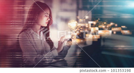 Overlay, social media and woman typing on a phone for communication, website and digital contact. Futuristic, research and employee reading information on a mobile for business, network and update Overlay, social media and woman typing on a phone for communication, website and digital contact. Futuristic, research and employee reading information on a mobile for business, network and update 101353198