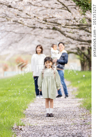 Family walking in a cherry blossom park Family walking in a cherry blossom park 101353257