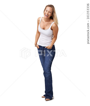 Fashion, beauty and portrait of a happy woman in studio with a casual, stylish and natural outfit. Happiness, smile and full body of female model from Canada with stylish clothes by white background. 101353336