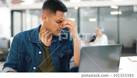 Headache, stress or depression businessman working on laptop with burnout, confused or mental health. Sad, frustrated or marketing employees in office 404 computer glitch, tax audit error or anxiety Headache, stress or depression businessman working on laptop with burnout, confused or mental health. Sad, frustrated or marketing employees in office 404 computer glitch, tax audit error or anxiety 101353393