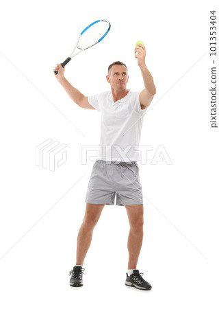 Tennis sports, fitness and man in studio isolated on white background for exercise. Training, athlete and mature male with racket ready to hit ball for workout for health, game practice or wellness. 101353404