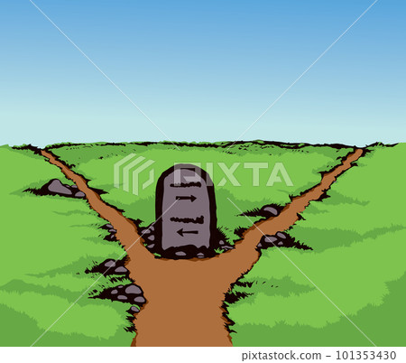 Vector drawing. Stone with an inscription on the crossroads Vector drawing. Stone with an inscription on the crossroads 101353430