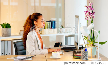 Young lawyer typing on a computer keyboard, planning defence and closing arguments for a paralegal court case. A confident and ambitious female attorney researching evidence on trial for client 101353539