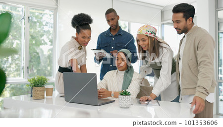 Coaching, collaboration and training, team at laptop in discussion on project management with manager. Leadership, planning and brainstorming, woman mentor teaching business staff at creative office. 101353606