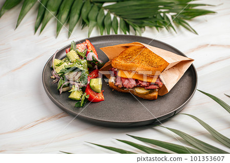 Side view on pastrami sandwich with salad Side view on pastrami sandwich with salad 101353607