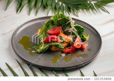 Breakfast toast with salad and salmon Breakfast toast with salad and salmon 101353609