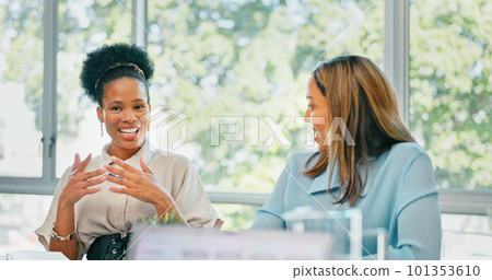 Communication, networking or business people in meeting with laptop for analytics, planning or project management in office. Research, paper or collaboration on tech for teamwork, strategy or review 101353610