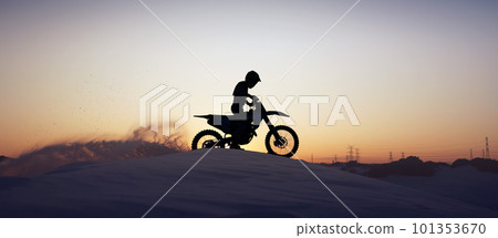 Motorcycle, sport and silhouette of man on bike at night, sky and background in nature. Fitness sports, exercise biking or motorbike person driving on dirt sand, hill mountain or desert for health 101353670
