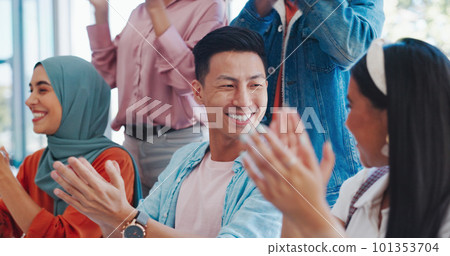 Business, team and applause for celebration, corporate deal and sales growth in office. Teamwork, staff clapping and group project for company, advertising campaign success and target achievement. 101353704