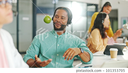 Call center, consulting or black business man with apple on computer for telemarketing, customer service contact us. Communication, sales or crm employee at help desk with fruit for technical support 101353705