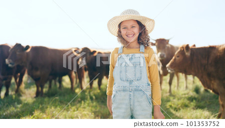 Happy child, farming and fun learning to care for animals, cows and cattle during nature travel in countryside. Portrait of girl kid smiling and happy enjoying rural beef farm life and sustainability Happy child, farming and fun learning to care for animals, cows and cattle during nature travel in countryside. Portrait of girl kid smiling and happy enjoying rural beef farm life and sustainability 101353752