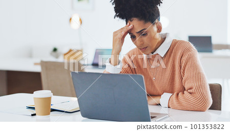 Business, stress and woman with laptop, tired and overworked in office, burnout and stress with mental health. Female, girl and administrator with fatigue, frustrated and online work for schedule. Business, stress and woman with laptop, tired and overworked in office, burnout and stress with mental health. Female, girl and administrator with fatigue, frustrated and online work for schedule. 101353822