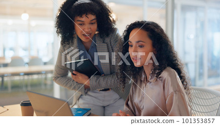 Creative business woman, laptop and high five for teamwork, strategy or idea together at office. Happy employee women designers with smile in celebration, applause or clapping by computer for startup 101353857