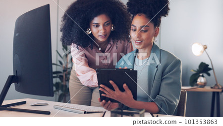 Computer, black african american woman or manager coaching, training or helping an employee with mentorship at office desk. Leadership, collaboration or worker with a question talking or speaking of Computer, black african american woman or manager coaching, training or helping an employee with mentorship at office desk. Leadership, collaboration or worker with a question talking or speaking of 101353863