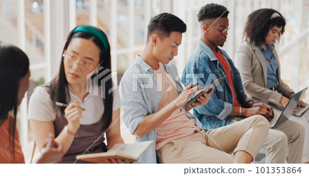 Diversity campus students with notebook, technology and study for college exam, university test or school course. Group row, scholarship education and people learning, studying and working on project Diversity campus students with notebook, technology and study for college exam, university test or school course. Group row, scholarship education and people learning, studying and working on project 101353864