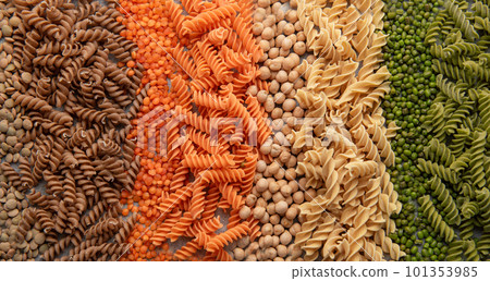 A variety of fusilli pasta from different types of legumes. Gluten-free pasta. 101353985