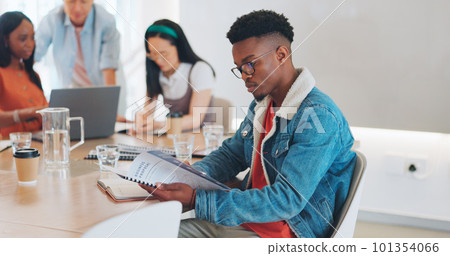 Face, business and black man in office, creative and thinking for marketing schedule, reading documents and advertising campaign. Nigerian male, employee and paperwork for collaboration and corporate 101354066