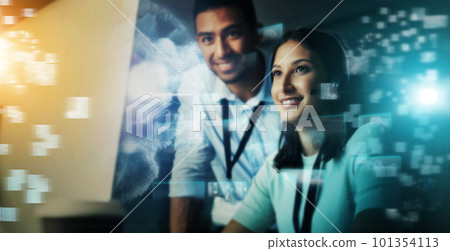 Business people, call center and futuristic communication for digital marketing, support or telemarketing in it support. Happy consultants in big data collaboration or networking on overlay 101354113