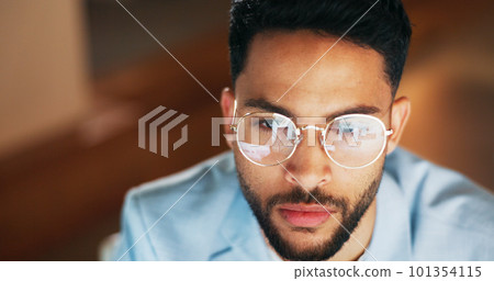 Night, reflection and glasses of businessman at computer for digital, software and web design programming. Strategy, designer and coding with employee in office and overtime for cybersecurity network Night, reflection and glasses of businessman at computer for digital, software and web design programming. Strategy, designer and coding with employee in office and overtime for cybersecurity network 101354115