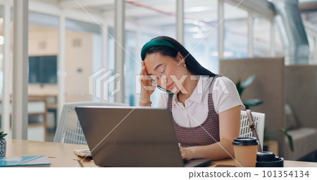 Laptop, burnout or woman with headache, stress or fatigue at office desk working on a digital marketing SEO project. Tired, overworked or upset Japanese employee frustrated with migraine pain problem 101354134