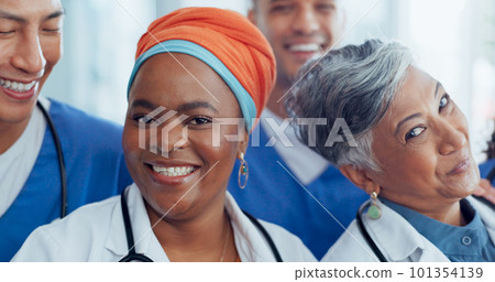 Thumbs up, peace and face of doctors with success, happy teamwork and thank you at a hospital. Healthcare, motivation and portrait of diversity in medical employees, hand emoji and smile for medicine 101354139