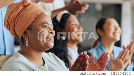 Black woman, applause and accounting business meeting with staff celebration of company success. Target growth, finance team and diversity of business group clapping for support and happiness 101354163
