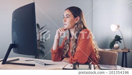 Business woman, thinking and focus with computer and working, reading and research for company proposal, typing and writing report. Corporate employee, keyboard and computer screen in office 101354196