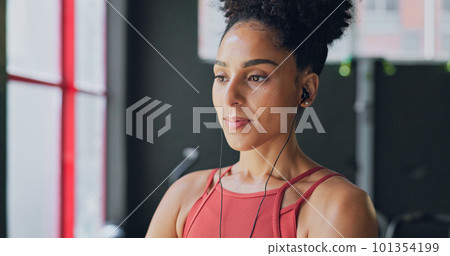 Black woman, breathe and earphones for music with fitness and exercise ready in gym, health and active motivation. Start, workout and calm for body training and endurance, wellness and listening. 101354199
