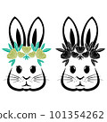 Rabbit with flowers and Easter bunny ears Illustration in black and white vector file.	 101354262