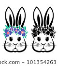 Rabbit with flowers and Easter bunny ears Illustration in black and white vector file.	 101354263