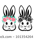 Rabbit with flowers and Easter bunny ears Illustration in black and white vector file.	 101354264