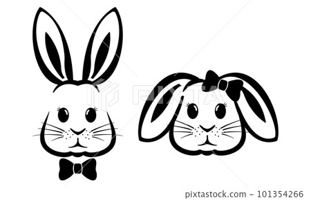 Vector illustration of a black and white rabbit couple wearing ties , A cute collection of rabbit faces with Easter-themed graphics is shown on a white backdrop. Vector illustration of a black and white rabbit couple wearing ties , A cute collection of rabbit faces with Easter-themed graphics is shown on a white backdrop. 101354266